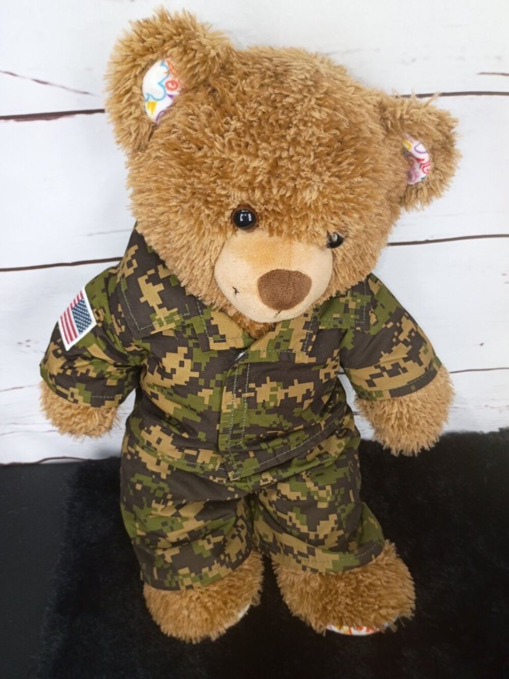 Build-A-Bear Military Teddy Bear With Camo Outfit & American Flag Patch 16" Plus